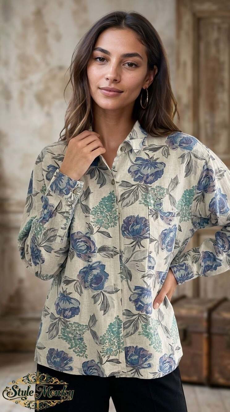 Judy's Vintage Floral Print Button Front Long Sleeve Shirt Size S